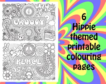 Printable Hippie adult colouring pages | Hippie aesthetic | 60's inspired | Mindfulness colouring