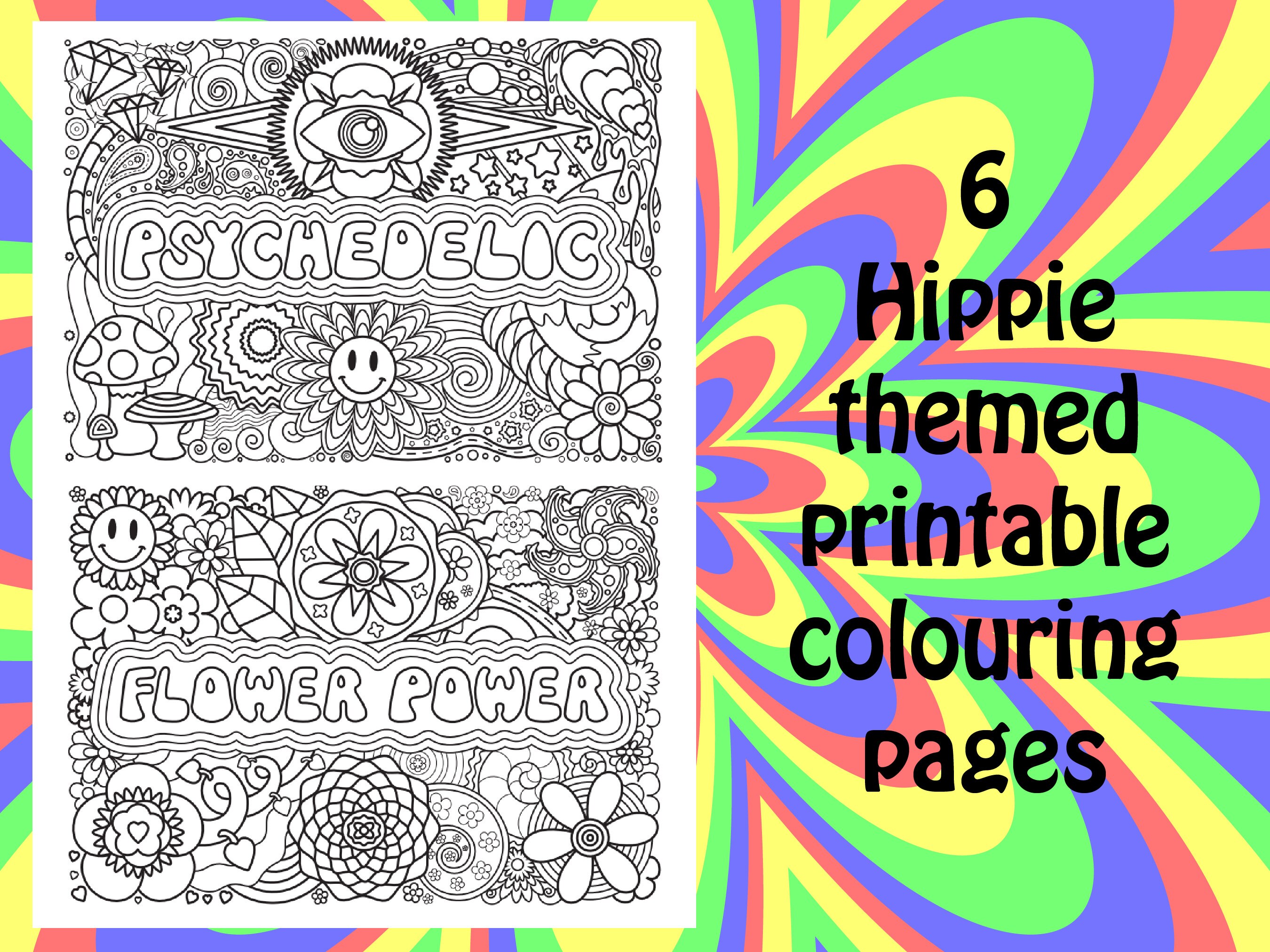 Printable Hippie Adult Colouring Pages | Hippie Aesthetic | 60's ...