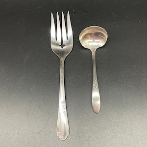 Meadowbrook Rogers Oneida Silverplate Serving Fork 1936 and  Oneida Carlton Silverplate 1941 Fantasy Gravy Ladle