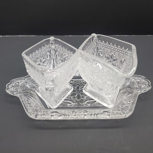 Indiana Glass Tiara Sandwich Diamond Shaped Sugar and Creamer Set with tray. Sugar and Creamer, Diamond sugar and creamer