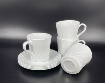Corelle White Swirl Mugs with Saucers (4)
