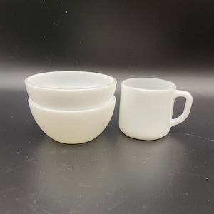 Federal Glass Company &quot;F&quot; White Milk Glass 2 bowls and one Coffee Mug