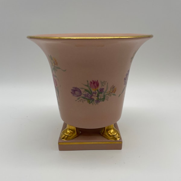 Princeton Gold Footed Vase, Elegant Pink Plant Pot, 4 Gold Feet & Trim, Pedestal Base, Flared Rim, Vintage Flower Pot
