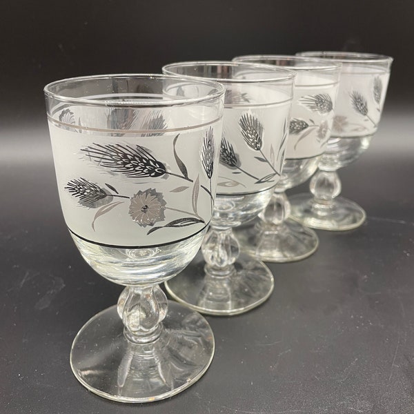 Libbey Silver Foliage Water Goblets Set of 6 Frosted Band Silver Leaves Stem 3003 Midcentury Dining Stemware (set of 4)