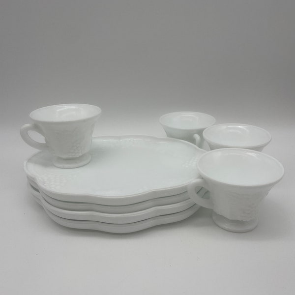 Indiana Colony Grape Harvest Milk Glass - Luncheon Plates with cups for 4 (8 pieces)