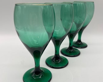 Libbey Juniper Green Gold Rim Wine Glasses Goblets 7” Tall - Set of 4 Libby Juniper Teardrop