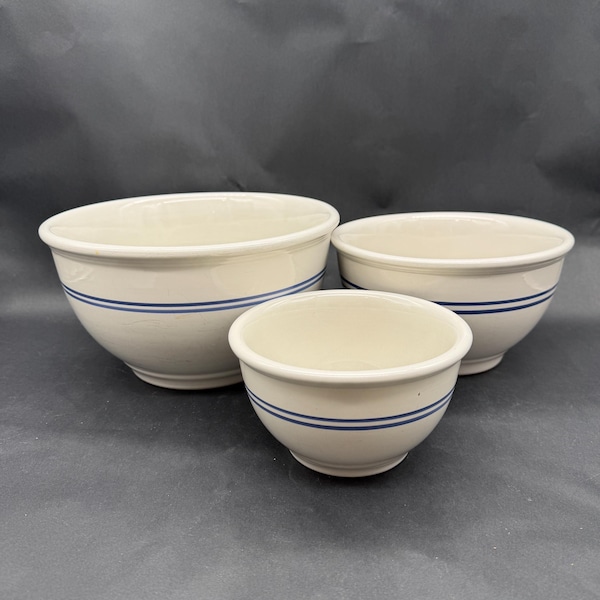Vintage Gibson China Blue Double Stripe Stoneware Nesting Mixing Bowls Set of 3
