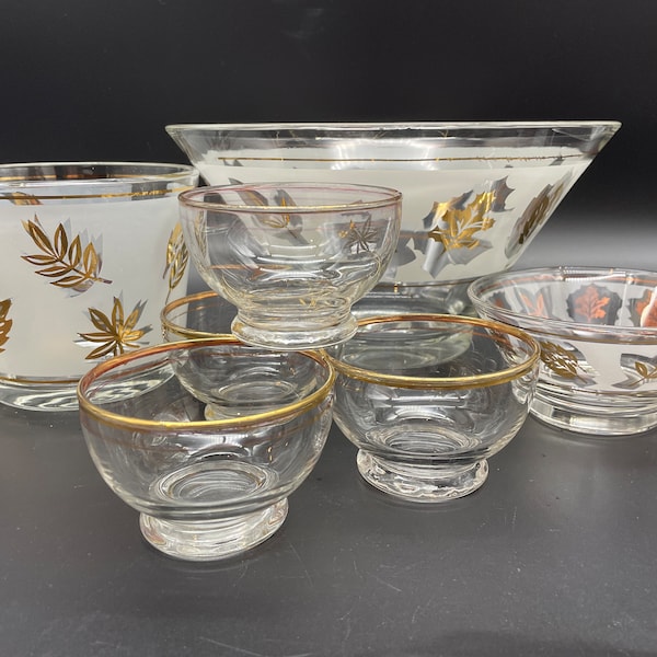 Vintage MCM 60s Chip And Dip Set Bowls Gold / Silver Leaf Frosted Foliage With Ice Bucket and 4 glasses