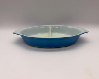 Pyrex Vintage Royal Blue Divided Casserole Dish Only 1 Quart USA