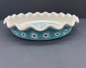 The Pioneer Woman 9" Pie Plate Baking Dish Turquoise Blue Floral Ruffled Crimped