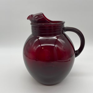 Vintage Anchor Hocking Royal Ruby Red Glass 96 oz Ball Pitcher with Ice Lip, Deep Red Water Pitcher, Red Pitcher