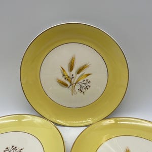 May include: A set of three yellow and white ceramic plates. Each plate features a gold rim and a central design of wheat stalks and small flowers. The plates are arranged on a white surface.