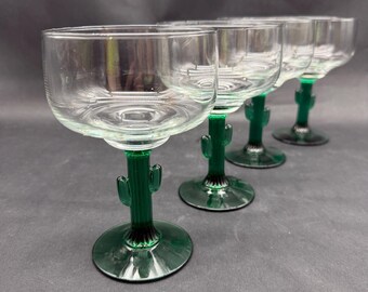 Vintage Libbey 12-ounce Cactus Margarita glasses featuring a juniper-colored glass stem shaped like a saguaro cactus.
