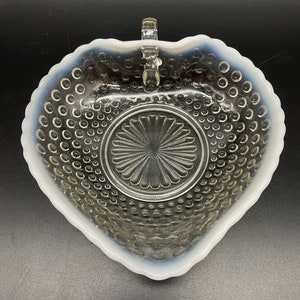 Vintage Anchor Hocking Moonstone Heart Shape Hobnail  Dish W/ Handle, Valentine's Day Bowl