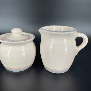 Pfaltzgraff Pink AURA Blue Pink Stripes: Creamer & Covered Sugar Bowl; Coffee Cups; Serving Tray