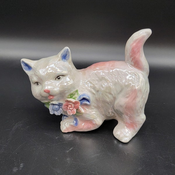 Vintage Ceramic Iridescent Pretty Kitty with Flowers