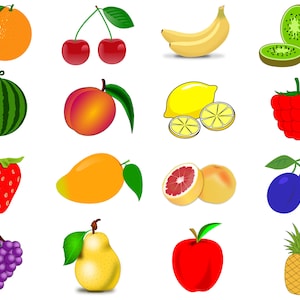 Fruits Svg, Clipart fruits, fruits Svg Bundle, fraise, pomme, banane, cerise, raisin, orange, kiwi, citron, ananas