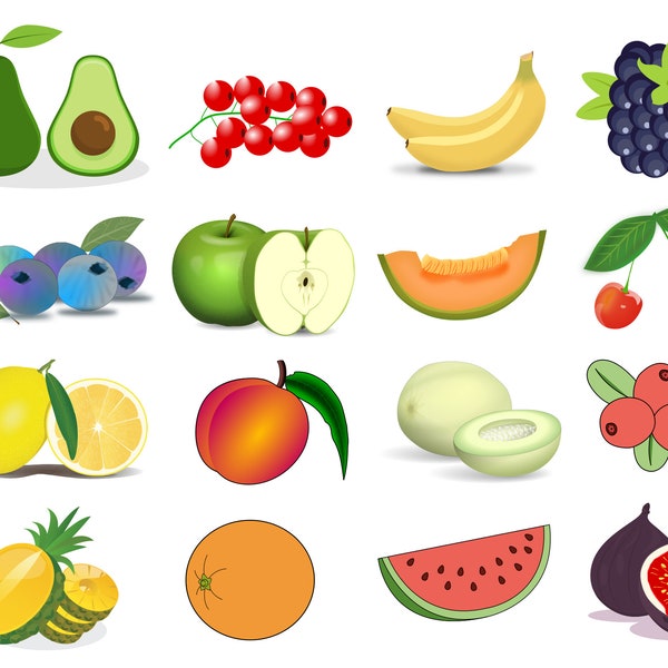 Fruits Svg, Fruits Svg Bundle, Apple, Avocado, Banana, Orange, Watermelon, Lemon, Honeydew, Pinapple, Fig, Peach, Cranberry, Blackberry