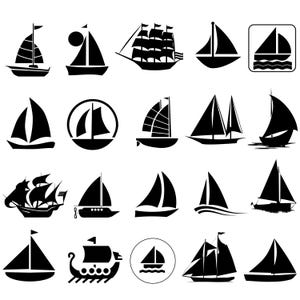 Puede incluir: Un conjunto de 18 iconos en silueta negra y blanca de veleros, yates y barcos. Los iconos están dispuestos en una cuadrícula sobre un fondo blanco.