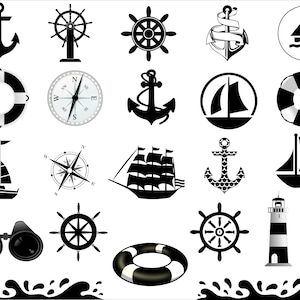 Puede incluir: Iconos de arte de clip con temática náutica en blanco y negro. Los iconos incluyen un ancla, un timón, una brújula, un salvavidas, un velero, un faro y unos prismáticos.