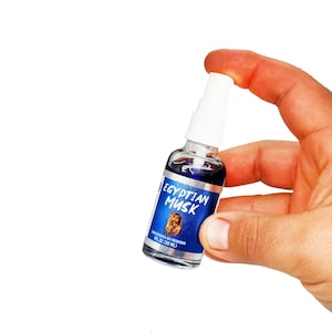 May include: A small blue bottle with a silver label that reads "Egyptian Musk" and "Concentrated Air Freshener 1 fl. oz (30 ml)". The bottle has a white spray nozzle.