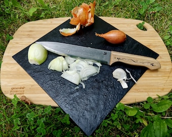 couteau de chef artisanal en inox, manche en olivier