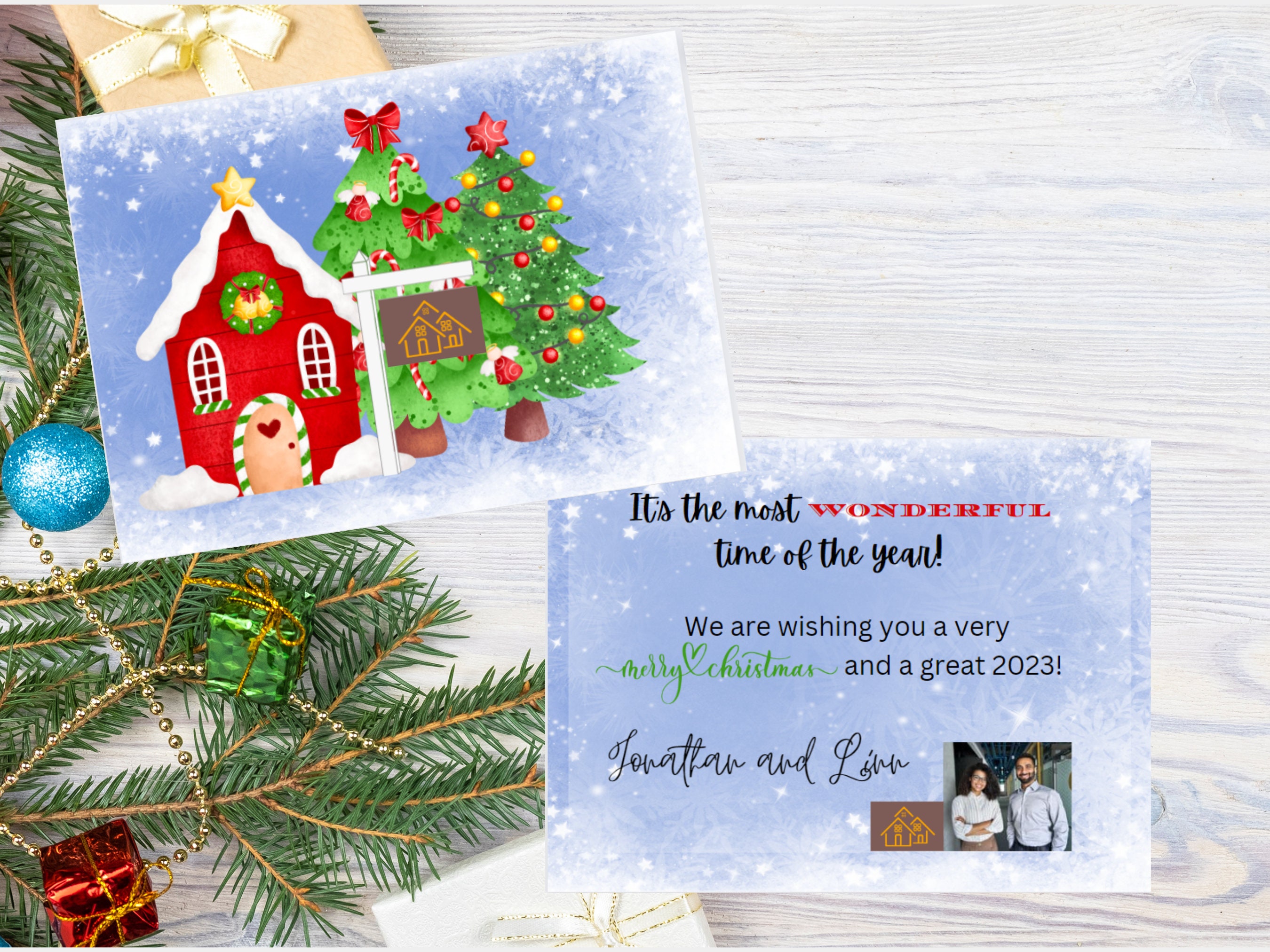 Realtor Christmas Card Real Estate Holiday Card Blue Snowflake Etsy