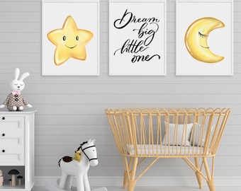 Nursery Wall Art Set of 3, Star Moon Quote, Watercolour Prints (Digital Download)