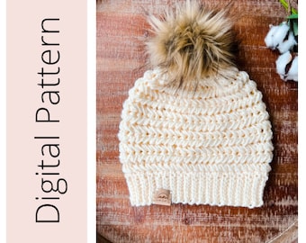 Chunky Beanie Pattern, Chunky Hat Pattern, Crochet Hat Pattern, Winter Hat Pattern, Pom-Pom Hat Pattern, Easy Crochet Pattern