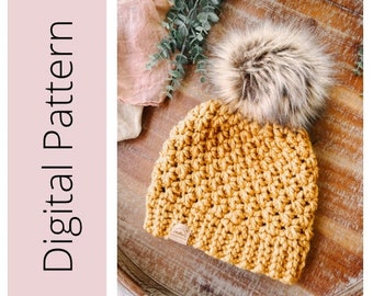 Crochet Hat Pattern, Beginner Friendly Pattern, Quick Hat Pattern, Chunky Pom Hat Pattern, One Skein Beanie, Winter Hat