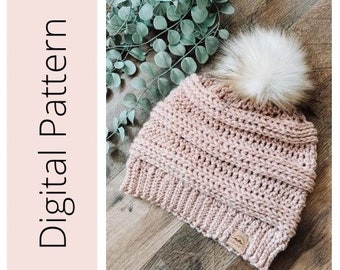 Chunky Hat Pattern, Slouchy Hat, Crochet Hat Pattern, Chunky Pom Hat Pattern, Crochet Chunky Pom-Pom Hat, Winter Hat, Knit Hat, Pom Pom Hat