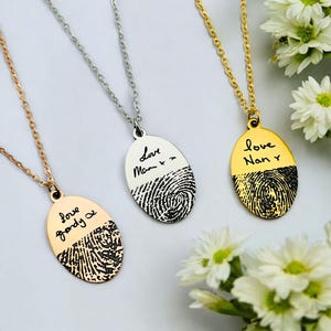 Personalised Fingerprint with Handwriting Oval Necklace | Custom Pendant | Actual Writing & Thumbprint | For Her | Memorial Jewelry Gift