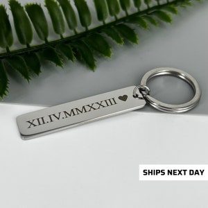 Silver Personalised Roman Numerals Keychain, Roman Numerals Keyring, Couples Keyrings, Special Date Keyring, Wedding Gift Keychain