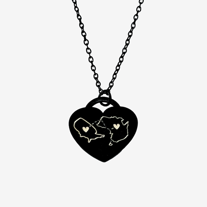 Personalised Two Homes Heart Necklace Custom Country Necklace Special Location Black