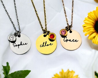 Personalised Alice Name Disc Necklace | Custom Birthstone Necklace | Birthday Gift | Gift for Her