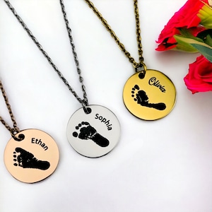 Personalized Footprint Name Disc Necklace | Custom Newborn Jewelry | Baby Shower | Gift for Mom | Kids Actual Handprint Locket Coin
