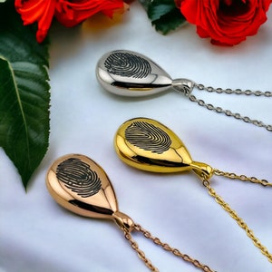 Custom Fingerprint Urn Tear Drop Necklace | Cremation | Memorial Jewelry for Ashes | Pendant Memory | Engraved Personalized Gift