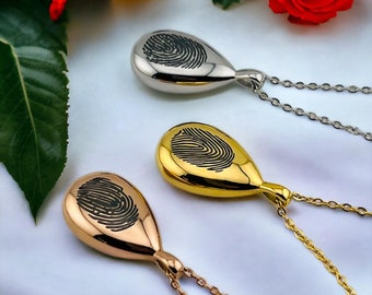Collar con urna de huellas dactilares personalizada con forma de lágrima, para cremación, joyería conmemorativa para cenizas, colgante de recuerdo, regalo personalizado grabado.