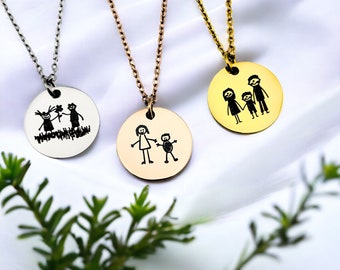 Collier disque à dessin pour enfants | Dessin d'enfant personnalisé | Cadeaux pour maman | Collier oeuvre d'art