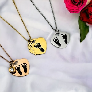Actual Footprint Heart Necklace | Personalized Newborn Jewelry | Baby Shower | Gift for Mom | Kids Handprint Locket Coin