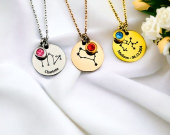 Custom Constellation Disc Necklace | Personalised Zodiac Necklace with Birthstone | Gift for Women