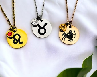 Collier disque personnalisé symbole du zodiaque | Collier personnalisé avec pierres de naissance | Charm Mois | Cadeaux pour elle