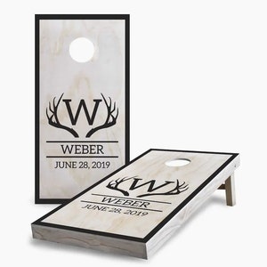 Personalized Antler Name and Date Cornhole Set - Includes Boards, Bags & More - Outdoor Lawn Game for Tailgating