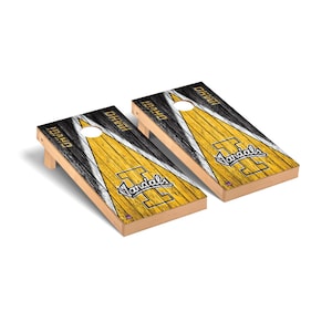 May include: Two regulation-sized wooden cornhole boards with a black and yellow distressed wood design. The boards feature the University of Idaho Vandals logo and the words "Idaho Vandals".