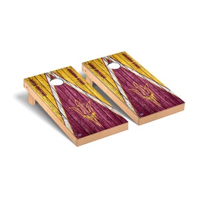May include: A set of two wooden cornhole boards with a distressed wood design. The boards are painted in maroon, gold, and white with the Arizona State University logo and the words "Arizona State" on each board.