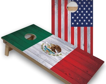 Mexico & USA Flag Cornhole Board Set - Comes With 2 Boards and 8 Bags + Optional Accessories - Outdoor Lawn Game for Tailgating