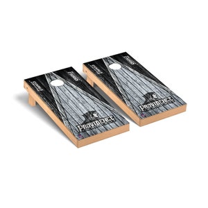 May include: Two wooden regulation size cornhole boards with a black and white distressed wood design. The boards feature the Providence Friars logo and the words "Friars" and "Providence".