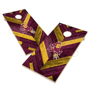May include: A set of two regulation-sized cornhole boards with a maroon and gold chevron pattern. The boards feature a cartoon mascot with a trident.