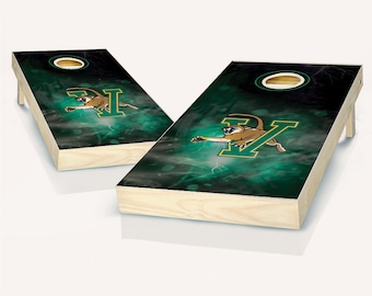 May include: A pair of regulation-sized cornhole boards with a green and black design featuring a leaping mascot and the letter "V".