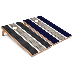 Dark Grey and Navy Striped Cornhole Board Set - Comes With 2 Boards and 8 Bags + Optional Accessories - Outdoor Lawn Game for Tailgating